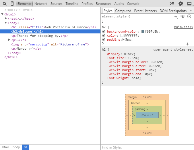 DevTools h2 Element